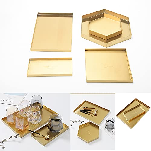 Gold Rectangle Trays, Stainless Steel Metal Serving Tray, Home Decorative Bathroom Vanity Counter Top Organization Storage Tray For Jewelry/ Cosmetic/ Kitchen Tableware (Rectangle - L) #TOP6