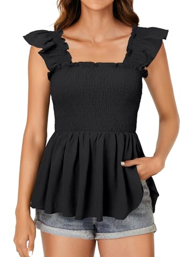 LYANER Women's Square Neck Ruffle Cap Sleeve Smocked Peplum Top Babydoll Shirred Blouse Cami Tank4