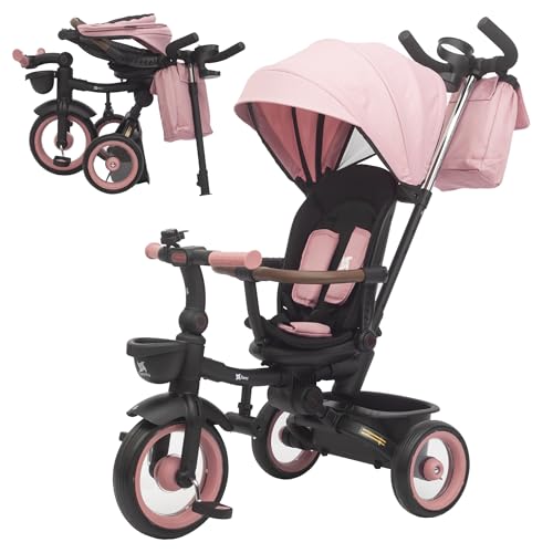 Twinly Triciclo evolutivo pieghevole di 1-5 anni con sedile inclinato e reversibile: segue la crescita del bambino, freno di sicurezza a 5 punti e cintura e barra di protezione SAMI (rosa)