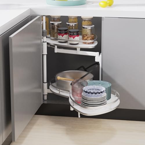 Meuble de cuisine mieux rangé grâce à l'étagère d'angle coulissante et pivotante