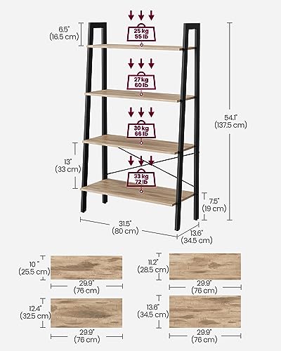 Image of VASAGLE BARNET Collection - Ladder Shelf, Bookshelf, Storage Rack, Modern Bookcase for Living Room Home Office Kitchen, Steel Frame, 4-Tier, 31.5-Inch Wide, Camel Brown and Ink Black ULLS144B50