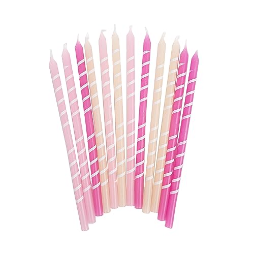 Pink Birthday Candles with Holders - Fun Cake Topper Decorations for Boys or Girls Party Pack of 12, 12.5cm Size