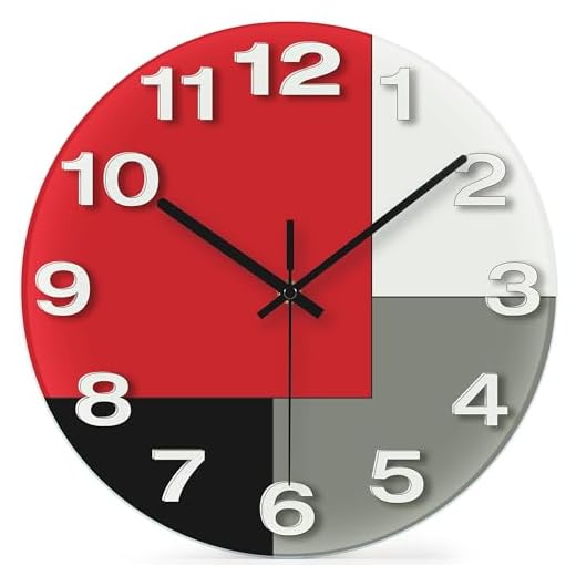 WISKALON Abstract Geometric Glass 12" Wall Clock in White, Grey, Red and Black - Battery Operated, Silent Non Ticking Quartz Clock for Home, Kitchen, Living Room, Bathroom, Bedroom, or Office Decor