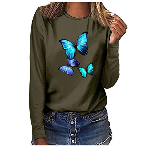 Camisetas femininas de manga comprida com gola redonda e estampa de borboleta, Cinza, XXL