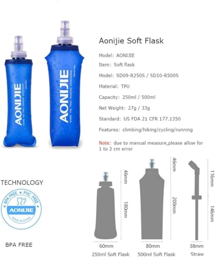 AONIJIE 2 Pack Soft Water Bottle, TPU Collapsible Flask Foldable Bottles for Hydration Pack, BPA-Free, for Running Hiking Cycling Climbing (2 Pcs - 500ml)