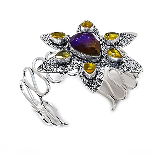 Bracelet manchette argent sterling, artisanat d'art et pierres fines