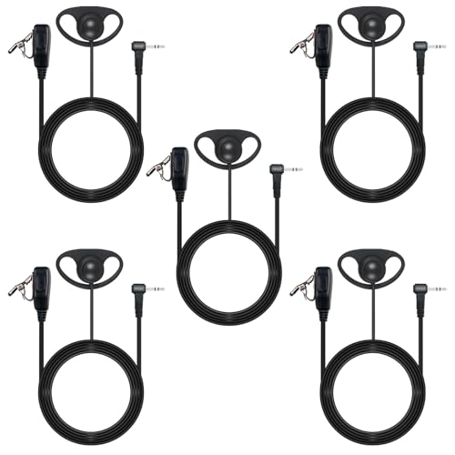 1-Pin 2.5mm Walkie Talkie Earpiece Compatible with Motorola Talkabout Two Way Radios T200 T400 T600 T800 MH230R MR350R D-Shape Headset with Mic PTT for Radio Communication 5-Pack