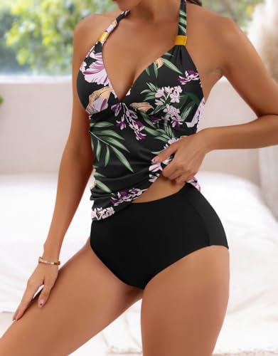 Image of B2prity Halter Tankini Swimsuit for Women Tummy Control Two Piece Bathing Suit V Neck Swimwear with Shorts