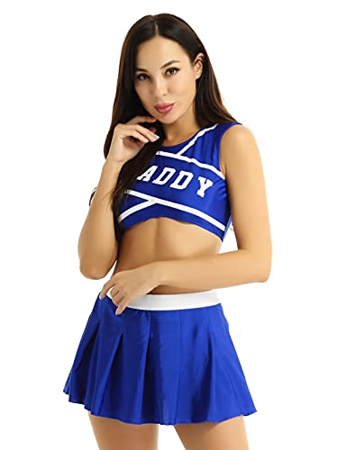 MSemis Femme Robe Cheerleading Football High School Uniforme Scolaire Costume Adultes Pom-Pom Girl Musical Danse Déguisement Halloween Carnaval S-XXL Bleu S Cover
