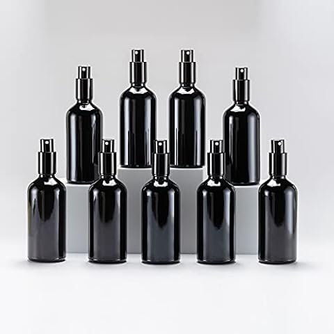 YIZHAO Black Glass Spray Bottles 4oz, with Small Fine Mist Spray, Metal Cap, Refillable for Essential Oil,Travel,Cleaning,Perfume,Aromatherapy,Makeup – 9 Pcs Cover