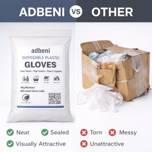 Image of ADBENI Premium Disposable Bouffant Cap & Clear Plastic Gloves Combo | Non Woven Hair Net + Transparent Gloves | For Food Handling, Kitchen, Salon, Spa, Industries, Home & Professional Use