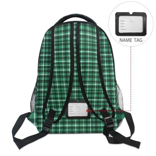 Backpack for Boys Girls Green Plaid Pattern Shoulder Bag Elementary Middle High School Bookbag Laptop Bags Casual Daypack Rucksack for Men Women Teens Outdoor Travel M4