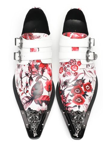 Santimon Mens Genuine Leather Loafers Casual Dress Slip On Shoes - Fashion Metal Pointed Toe Monk Loafer Western Mocasines for Party Disco Ballroom Prom Wedding3