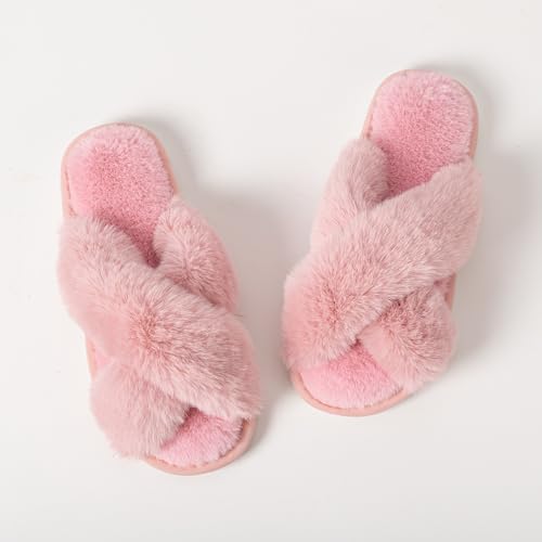 Image of Enteer Women's Slipper Memory Foam Cross Band Fuzzy Slippers Open Toe Cozy House Slippers Cozy Plush Bedroom Indoor Outdoor