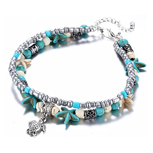 2Pcs Bohemian Layered Turquoise Stone Bead Turtle Starfish Anklet For Women Girl Teen Adjustable Tree Love Heart Elephant Owl Animal Charm Anklet Boho Summer Beach Foot Jewelry-A Starfish #TOP2