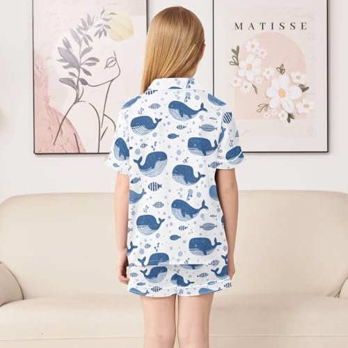 Blue Whale Cute Cartoon Pattern Summer Satin Pajama Set, Cute Button-Down Sleepwear Pj Set for Sleep Wears4