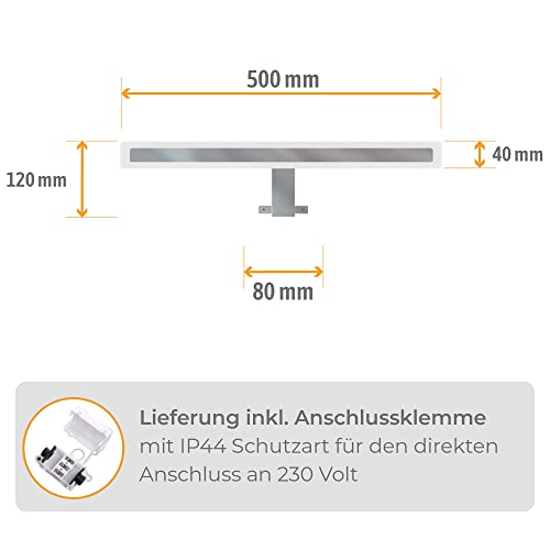 SSC-LUXon LINA Spiegelleuchte Bad 50cm LED warmweiß 230V – Badezimmer Lampe Spiegellampe silber glänzend 3-in-1 Spiegelbeleuchtung Möbelleuchte Spiegelschrank