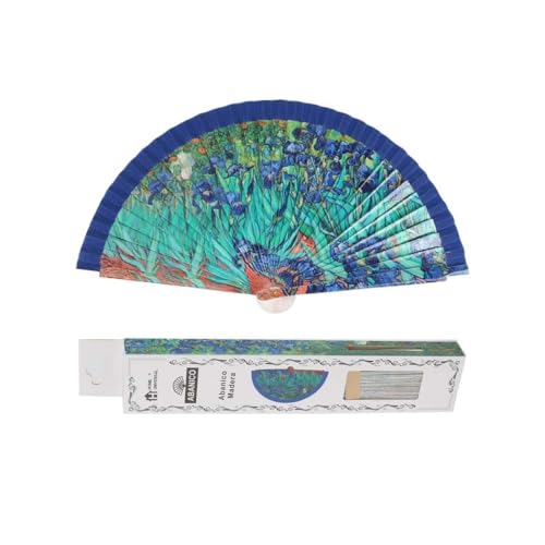 H.U.S.L® Abanico 23CM DE Madera Lisa con Tela DE Marfil, Abanico DE Madera Adornado, Abanico Original (Los Lirios)