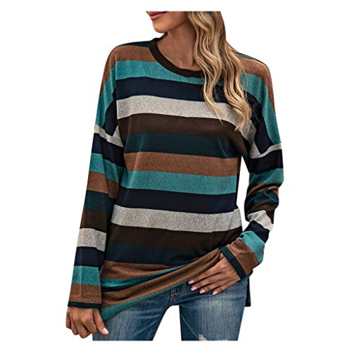 Forthery Women Casual Long Sleeve Striped T Shirt Round Neck Cotton Causal Tops(Blue,XXL)