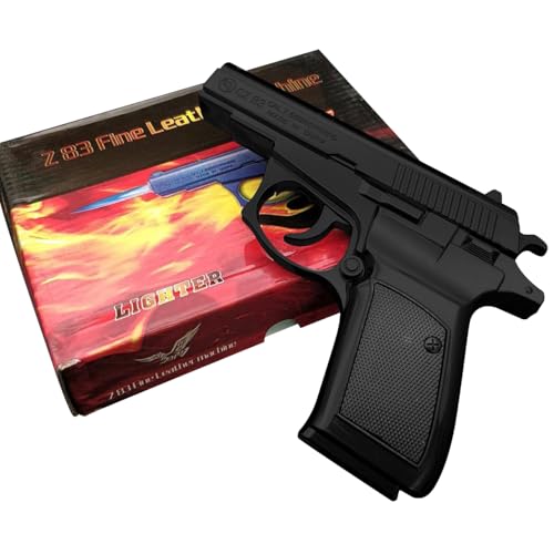 Image of Z83 Lighter with Barrel Half Pull Back Heavy Metal Made Black Color Gun Shape Gas Lighter with PU Holster | Dummy Gun Jet Flame Butane Refillable Lighter