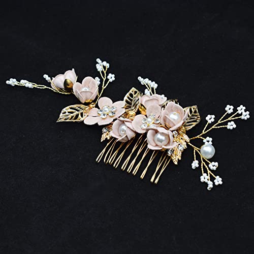 Wedding Hair Accessories, Fanvoes Hair Pieces Comb For Brides Bridal-Gold Vintage Headpiece Clip Barrette W/Handmade Pink Flower Leaf Ivory Pearl Beads Rhinestone Crystal For Women Girls Bridesmaid #TOP5