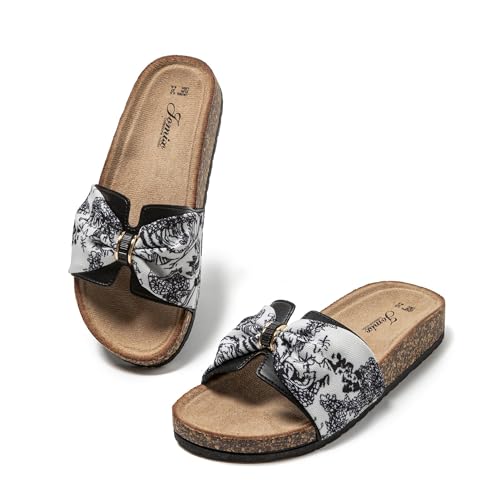 JOMIX Mules Femme avec Nœud Claquettes Femmes Imprimé Fleurs Sandales Plat été pour la Piscine Plage (Noir,37)