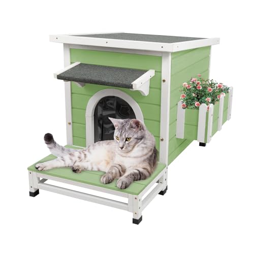 PetsCosset Insulated Cat House Outdoor Weatherproof All-Round Insulation Two Story Outside Wooden Feral Cat Shelter for Winter with 2 Escape Doors, Pull Out Floor and Openable Roof for Cats,