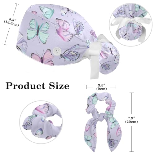 Image of Butterfly Scrub Cap Women with Ponytail & Buttons Adjustable Surgical Nurse Hat with Cotton Sweatband for Long Hair