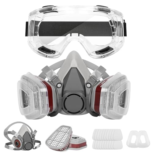 Seguridad, Generic - Cubierta Facial (Semi-Cara) Antipolvo Reutilizable con Gafas, Guantes,2 Filtros de Protección de Partículas para Pintura Industria Gas Carpintería...