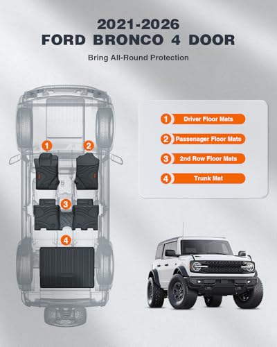 Image of Floor Mats for 2021-2025 2026 Ford Bronco 4 Door, Not for Bronco Sport, Custom Fit All Weather TPE Floor Liners with Cargo Liner, Waterproof Heavy Duty Car Mats