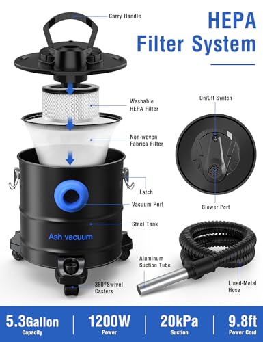 Ash Vacuum, Pellet Stove Vacuum Cleaner, 5.3 Gallon, 20kPa, 1200W Powerful Motor with Blower Function, On Wheels and HEPA Filter, The Ash Vacuum for Pellet Stoves & Wood Stoves - Image 2