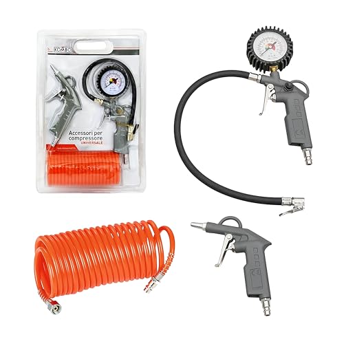 KOMBO – Kit de Accesorios para Compresor con 2 Pistolas de Aire (Soplado + Inflado con Manómetro) y Manguera Espiral 5 m – Universal, Compatible con Compresores de Aire