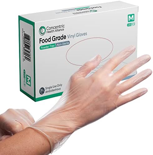 Concentric Food Grade Disposable Vinyl Gloves (Box of 100 - Medium) - Powder Free, Latex Free - Food Preparation, Service Industry or General use — Waterproof Synthetic Single Use Gloves, 3Mil Thick