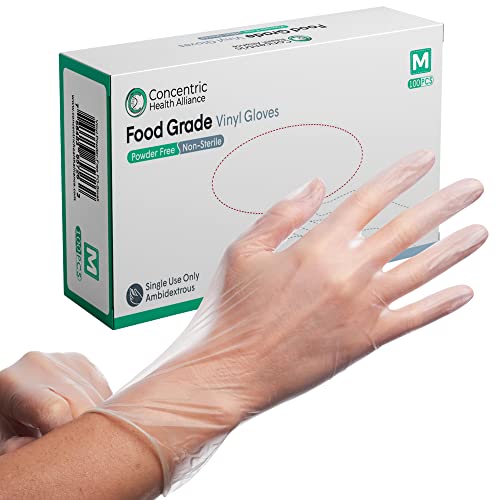 Concentric Food Grade Disposable Vinyl Gloves (Box Of 100 - Medium) - Powder Free, Latex Free - Food Preparation, Service Industry Or General Use — Waterproof Synthetic Single Use Gloves, 3Mil Thick #TOP9