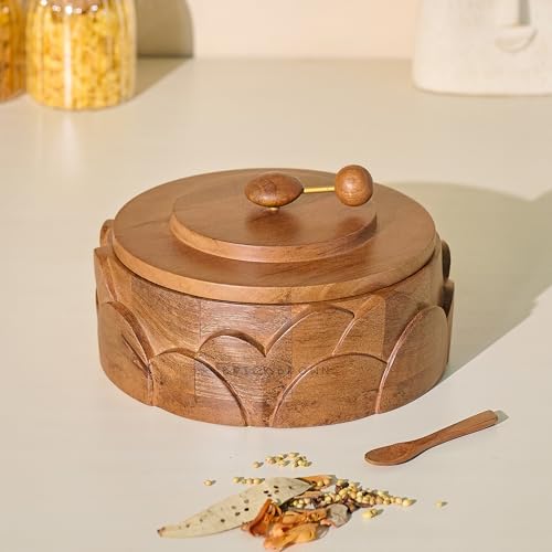 Image of Brick Brown Wooden Dial Masala Box with Lid | Spice Box Organizer Storage Box with 7 Stainless Steel Containers & Wooden Spoon | Hand-Carved Masala Dani Spice Rack for Kitchen 8.5x 8.5 x 4.5 Inch