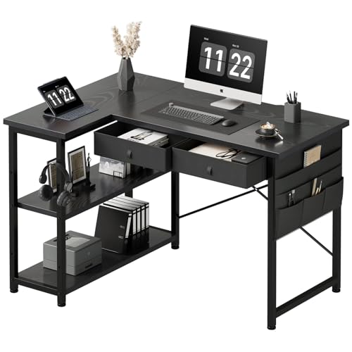 Maihail Maihail Home Office Desk with Drawers Shelves, 39 inch Computer Corner Desk for Small Space, Small L Shaped Desk with Side Storage for Bedroom, Black