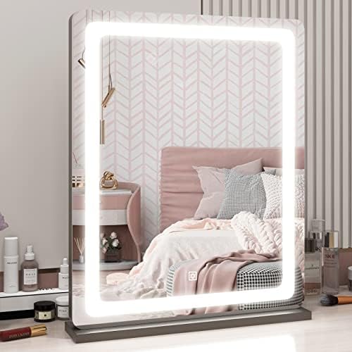 ROLOVE Vanity Mirror with Lights, 22"x18" LED Makeup Mirror, Large Lighted Mirror with Smart Touch 3 Colors Dimmable, Light Up Mirror for Makeup Desk, Bedroom, Dressing Room Tabletop, Black