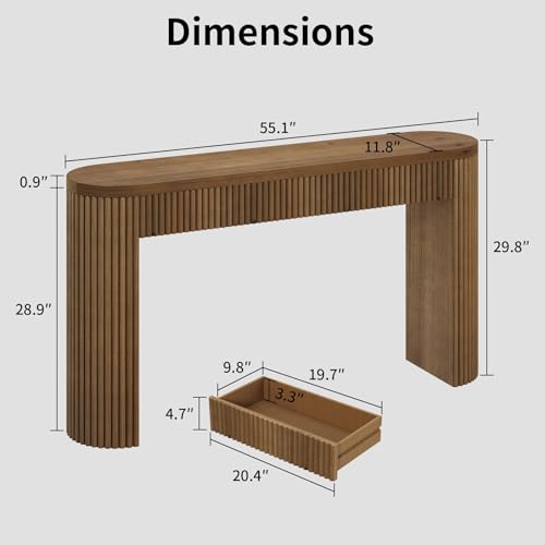 Image of Solid Wood Console Table with Drawer - 55 Inches Mid Century Foyer Table, Modern Fluted Entryway Hallway Minimalist Sofa Table, Oval with Drawer