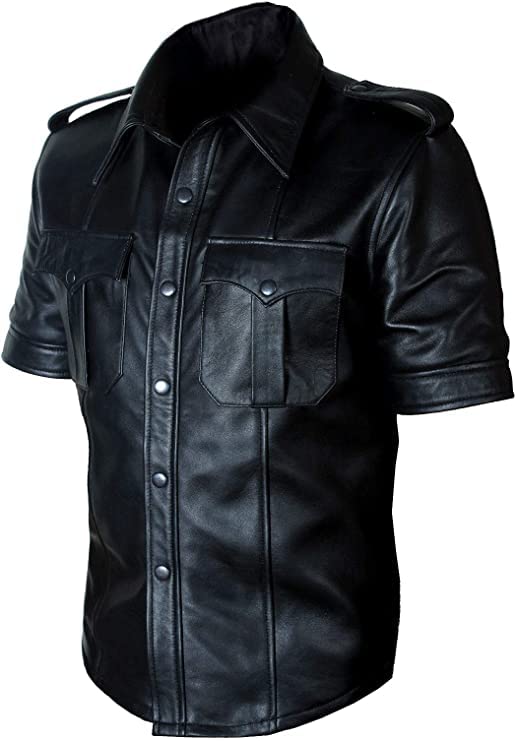 Real Leather Mens Real Sheep Leather Police Real Uniform Shirt BLUF Gay Mans Shirt Hot Lamb Leather2