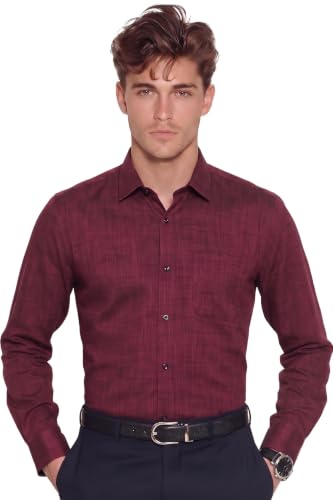 Image of Peter England Men's Slim Fit Full Sleeve Formal Textured Solid Shirt | Festive Duo-Tone Colour | 100% Cotton