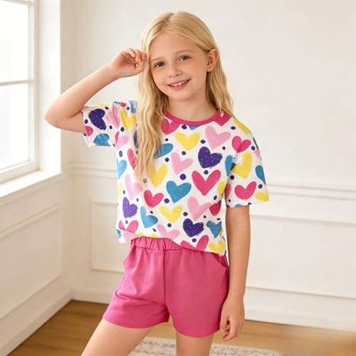 Image of Yoxindax Tween Girls Summer 2-Piece Outfit Set - Crew Neck Short Sleeve T-Cherry Print Shorts 7-14Y Summer Clothes