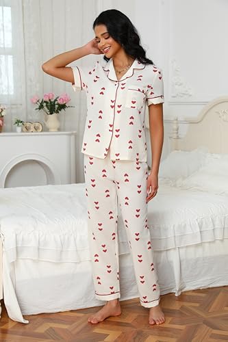 Women's Summer Pajamas Set Short Sleeve Heart Print Lightweight Soft Comfortable Sleepwear Sets3