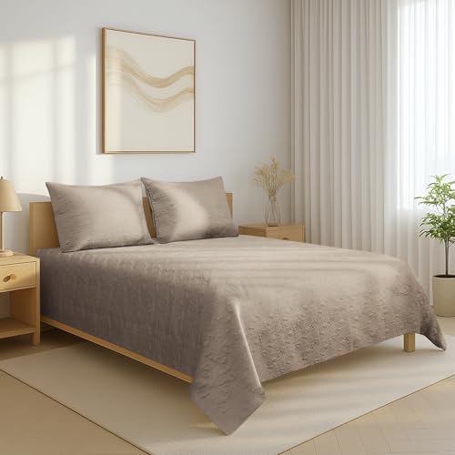 Image of Pizuna Luxurious Cotton Bedspread with 2 Pillow Covers, 400 Thread Count Long Staple Quilted Bed Spread with Soft Polyfill 102X102 Inch Embroidered Cover for Super King Bed, Simply Taupe