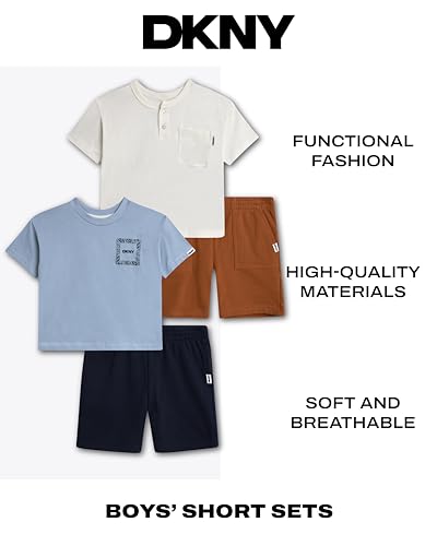 Image of DKNY Toddler Boys Short Sets - 4 Piece Short Sleeve Graphic Boys T Shirts and Matching Fleece Toddler Shorts Summer Clothes