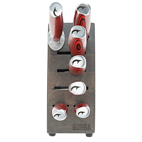 BUBBA Kitchen Knife Set for all your kitchen cutting needs with G10 Handles, Premium German Stainless Steel and a Parawood Knife Block.