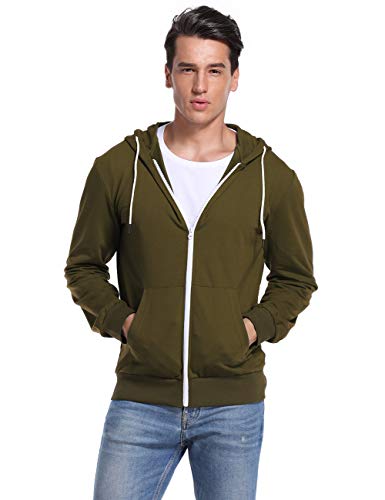 KUULEE Men's Casual Fit Long Sleeve Lightweight Zip Up Pullover Hoodie Sweatshirt with Kanga Pocket (XL, Army Green)