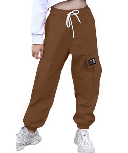 Image of AOWKULAE Big Girls Pants, Drawstring Elastic Waist Loose Tapered Cargo Jogger Pants with Multi Pockets for Girl, Z-Brown, 13-14 Years = Tag 170