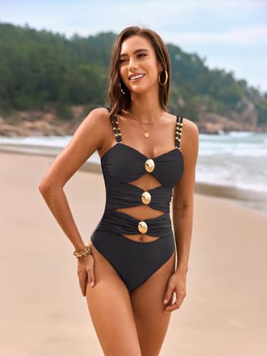 SALENT Womens One Piece Swimsuits 2025 Cutout Colorblock Swimwear Sexy Ruched Bathing Suits (Large, Black) - image 2
