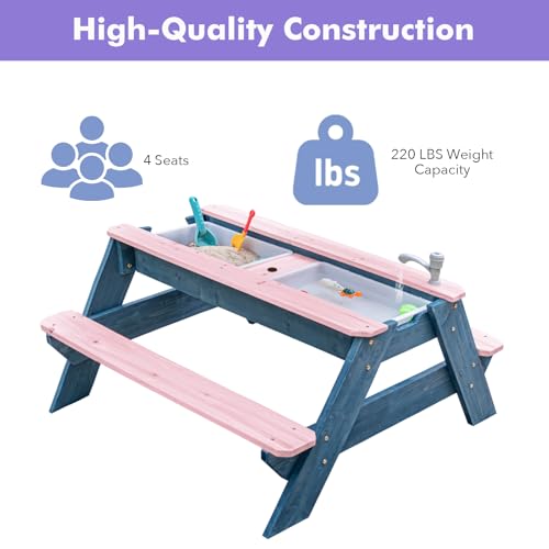 Miniatura 4 de Kids 3 en 1 - Mesa de picnic convertible para exteriores con paraguas, 2 cajas de juego, parte superior desmontable, mesa de grifo para exteriores (rosa/azul marino)