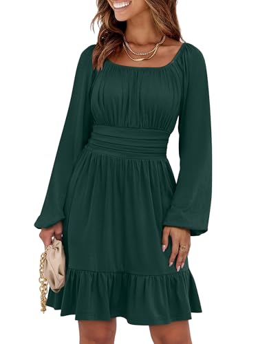 ANRABESS Womens Dress Long Lantern Sleeve Square Neck Elastic Waist Ruffle Flowy Swing A-Line Short Dresses 2025 Fall Fashion Deep Green Large